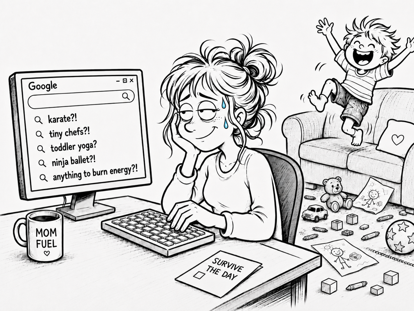 A tired parent searching for kids activities online while a child bounces on the sofa behind her